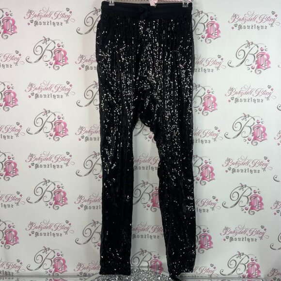 24hrs pants sparkly shimmer sequins embroidered shiny Black Sequin Pants - Picture 1 of 8